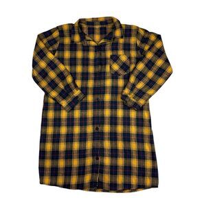 Girls Plaid Long Sleeve Button Down Flannel Shirt Dress Sz 8/9 Yellow Navy Blue